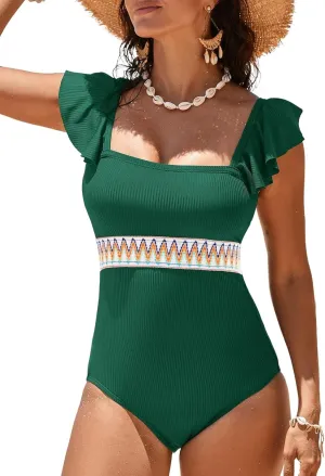 Aleumdr Women's One Piece Swimsuit Ruffle Tummy Control Bathing Suits Color Block Ribbed Swimwear