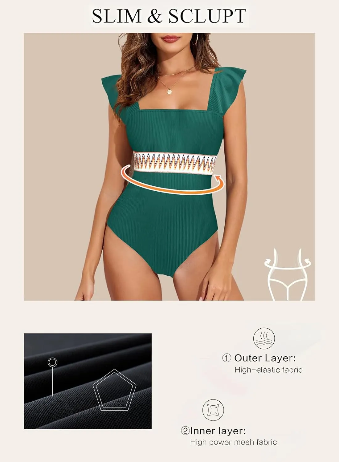 Aleumdr Women's One Piece Swimsuit Ruffle Tummy Control Bathing Suits Color Block Ribbed Swimwear