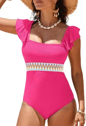 Aleumdr Women's One Piece Swimsuit Ruffle Tummy Control Bathing Suits Color Block Ribbed Swimwear