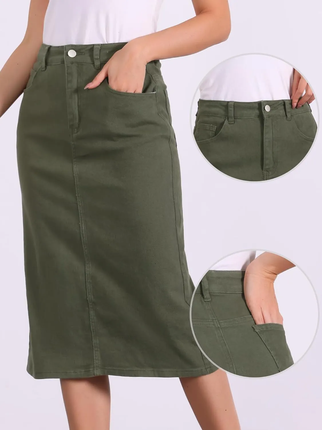 Allegra K Casual Denim Skirt for Women's High Waist Split Back Pockets Midi Jean Skirts