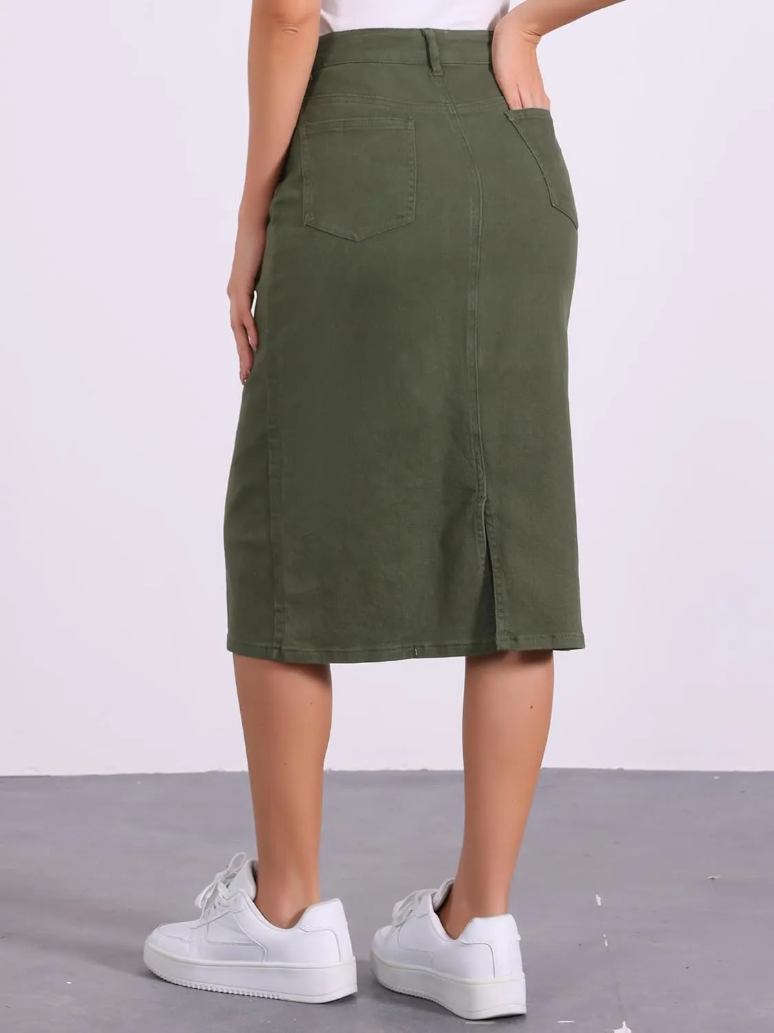 Allegra K Casual Denim Skirt for Women's High Waist Split Back Pockets Midi Jean Skirts