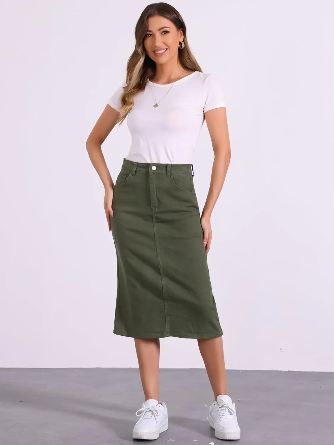 Allegra K Casual Denim Skirt for Women's High Waist Split Back Pockets Midi Jean Skirts