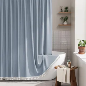 AmazerBath Blue Boho Shower Curtain with Tassels, Farmhouse Shower Curtains for Bathroom, Faux Linen Shower Curtain Rustic with Hooks, Vintage Shower Curtain Set, 72x72 Inches