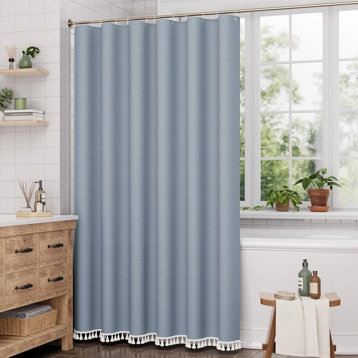 AmazerBath Blue Boho Shower Curtain with Tassels, Farmhouse Shower Curtains for Bathroom, Faux Linen Shower Curtain Rustic with Hooks, Vintage Shower Curtain Set, 72x72 Inches