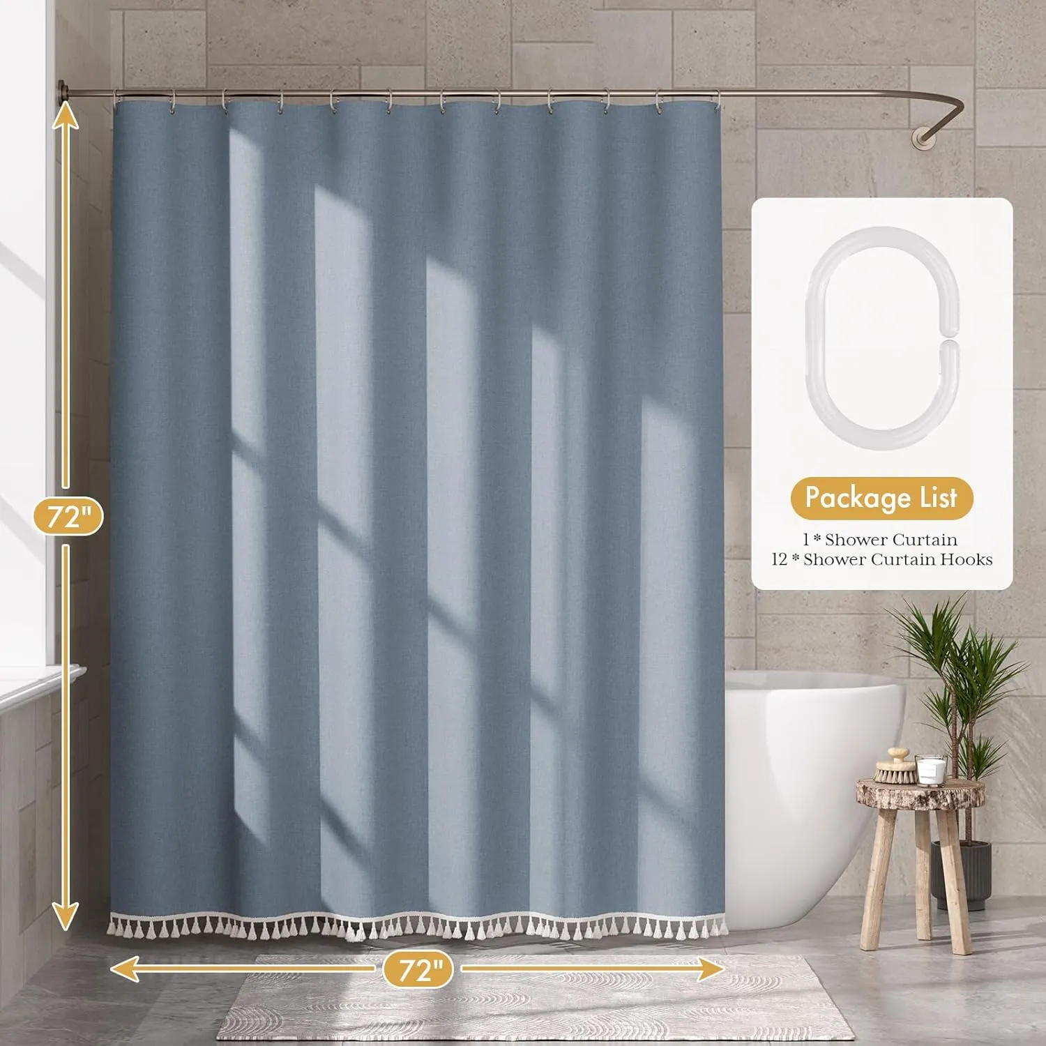 AmazerBath Blue Boho Shower Curtain with Tassels, Farmhouse Shower Curtains for Bathroom, Faux Linen Shower Curtain Rustic with Hooks, Vintage Shower Curtain Set, 72x72 Inches