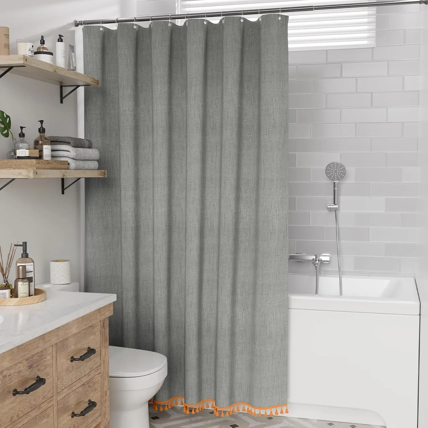 AmazerBath Boho Farmhouse Shower Curtain Fabric, Fall Decorations for Home, Orange Tassel Shower Curtain Faux Linen, Fall Bathroom Decor, Grey Shower Curtain Set with 12 Hooks, 72x72 Inches