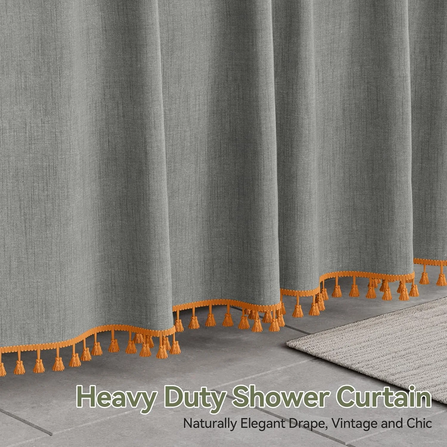 AmazerBath Boho Farmhouse Shower Curtain Fabric, Fall Decorations for Home, Orange Tassel Shower Curtain Faux Linen, Fall Bathroom Decor, Grey Shower Curtain Set with 12 Hooks, 72x72 Inches