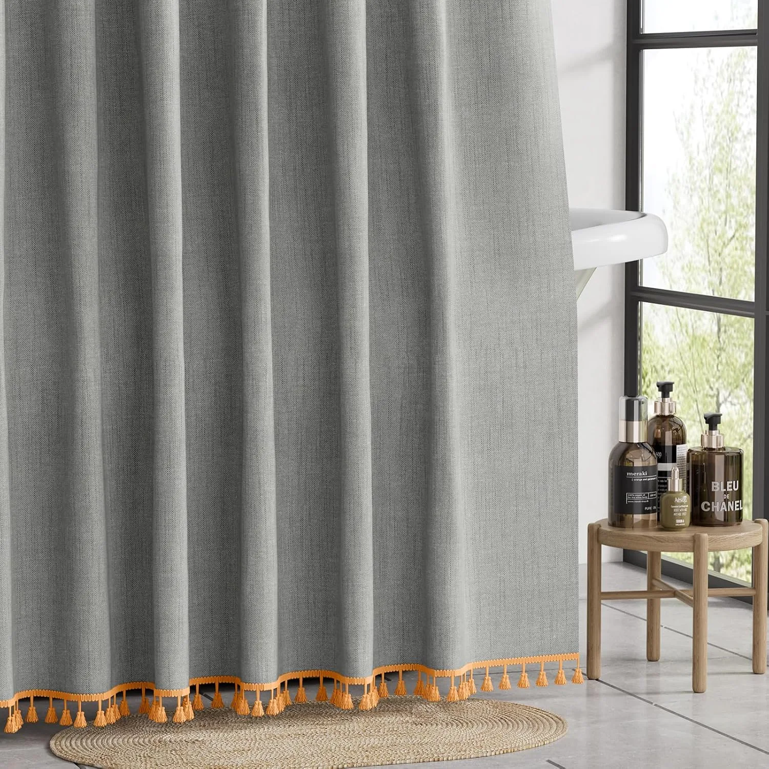 AmazerBath Boho Farmhouse Shower Curtain Fabric, Fall Decorations for Home, Orange Tassel Shower Curtain Faux Linen, Fall Bathroom Decor, Grey Shower Curtain Set with 12 Hooks, 72x72 Inches