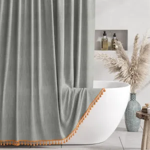 AmazerBath Boho Farmhouse Shower Curtain Fabric, Fall Decorations for Home, Orange Tassel Shower Curtain Faux Linen, Fall Bathroom Decor, Grey Shower Curtain Set with 12 Hooks, 72x72 Inches