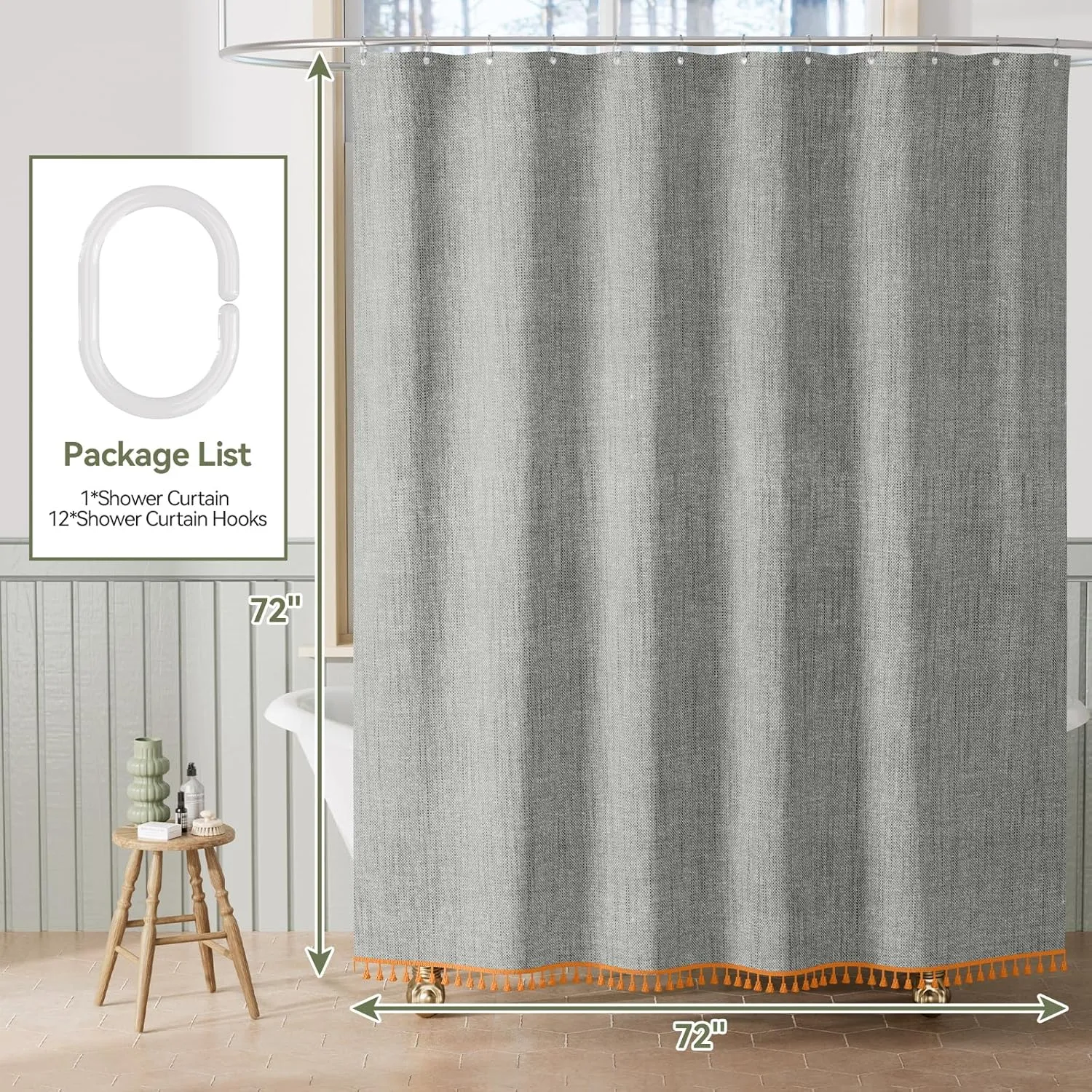 AmazerBath Boho Farmhouse Shower Curtain Fabric, Fall Decorations for Home, Orange Tassel Shower Curtain Faux Linen, Fall Bathroom Decor, Grey Shower Curtain Set with 12 Hooks, 72x72 Inches
