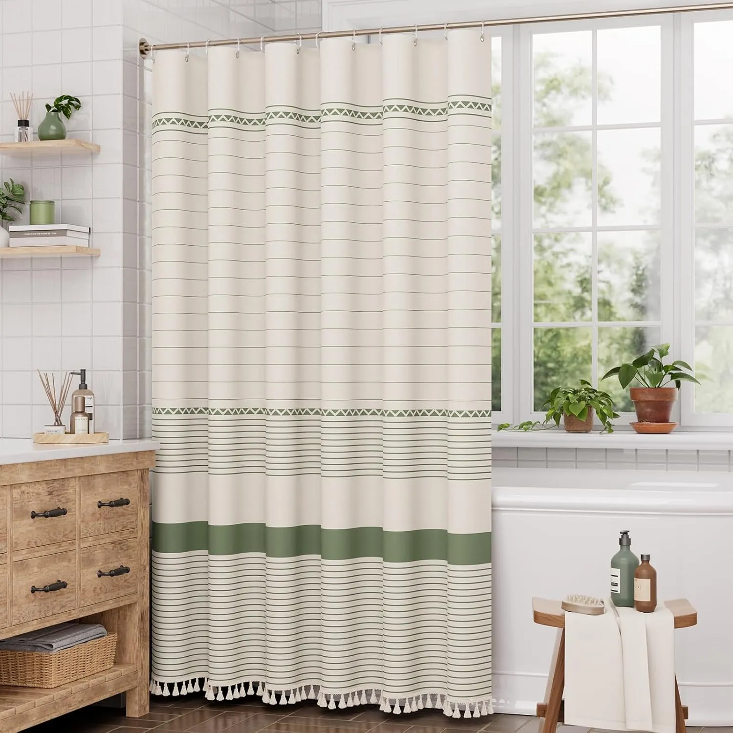 AmazerBath Boho Shower Curtain, Modern Farmhouse Shower Curtain Set with Tassels, Rustic Faux Linen Green Striped Shower Curtain with Hooks, Light Tan Toned, 72x72 Inches