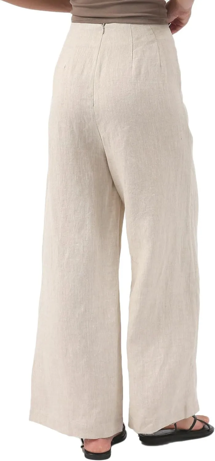 Amazhiyu Womens Pure Linen High Waist Wide Leg Pants with Pockets for Casual Summer