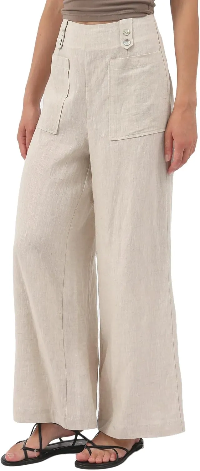 Amazhiyu Womens Pure Linen High Waist Wide Leg Pants with Pockets for Casual Summer
