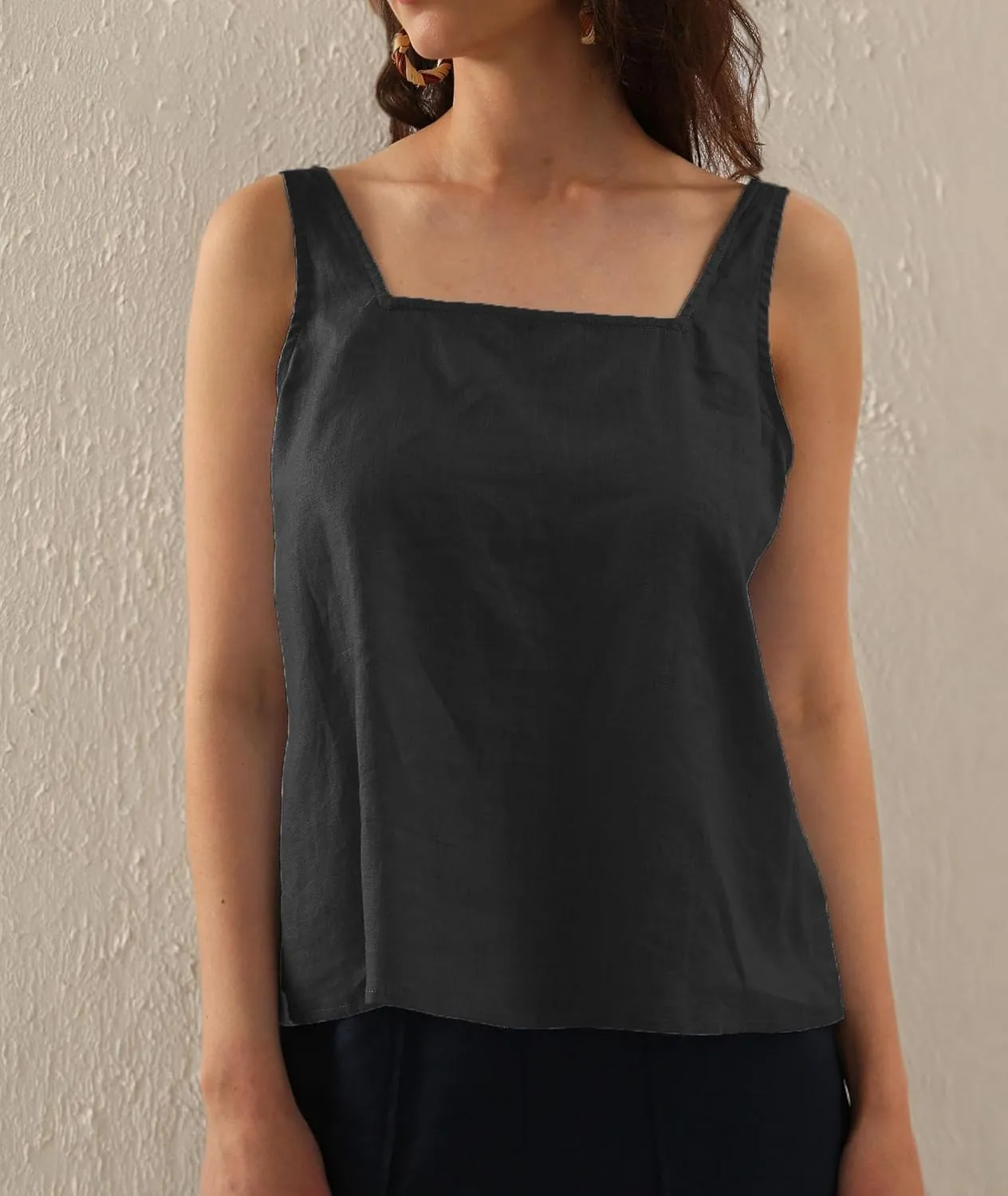 Amazhiyu Womens Pure Linen Square Neck Sleeveless Tank Tops for Casual Summer