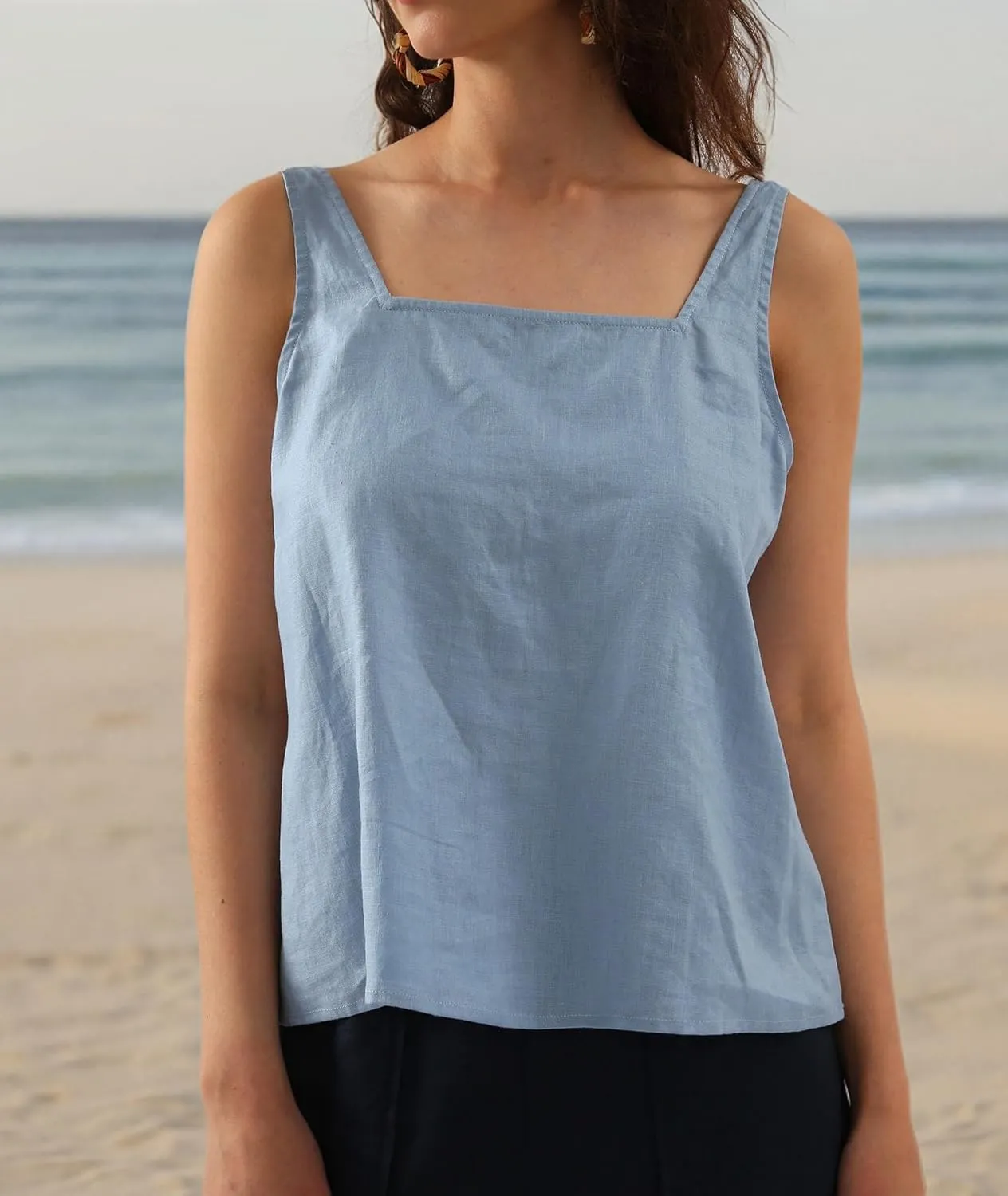 Amazhiyu Womens Pure Linen Square Neck Sleeveless Tank Tops for Casual Summer