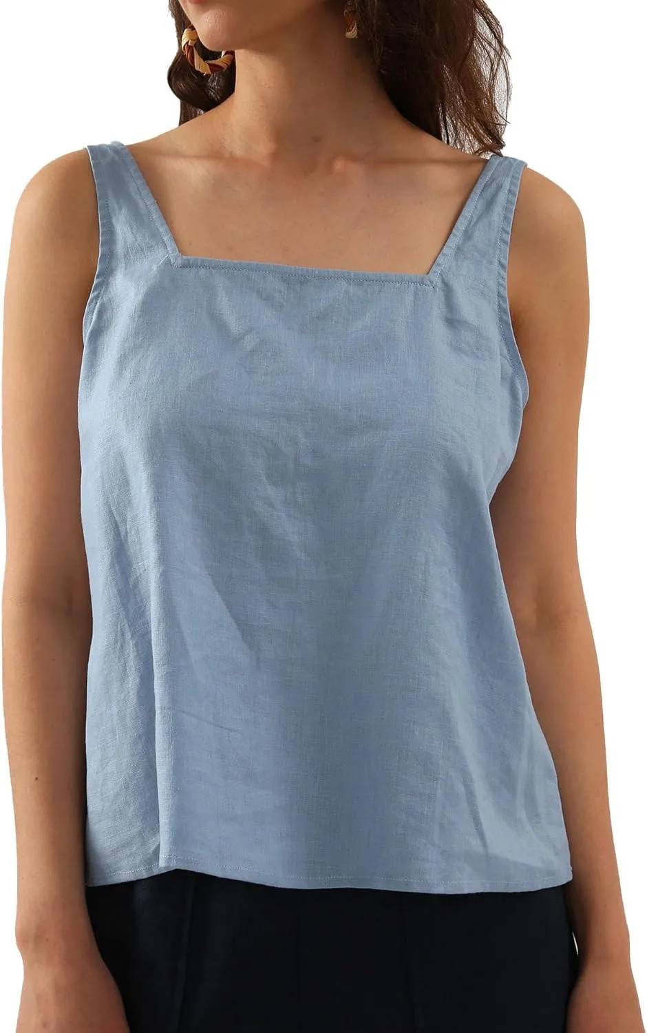 Amazhiyu Womens Pure Linen Square Neck Sleeveless Tank Tops for Casual Summer