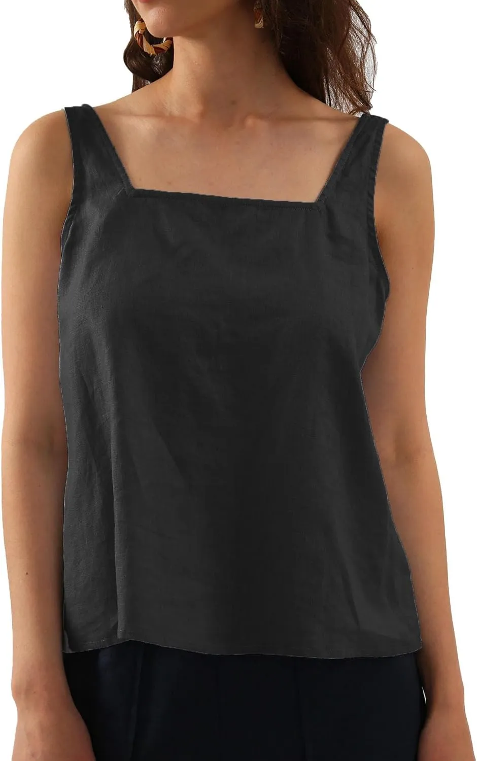 Amazhiyu Womens Pure Linen Square Neck Sleeveless Tank Tops for Casual Summer