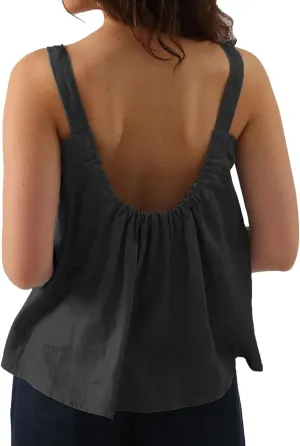Amazhiyu Womens Pure Linen Square Neck Sleeveless Tank Tops for Casual Summer
