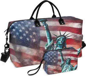 America Flag Statue Of Liberty Sports Gym Bag for Women Men Travel Duffel Bag Weekend Overnight Carry on Bag with Toiletry Bag Yoga Bag for Plane Hospital Workout Swimming Yoga