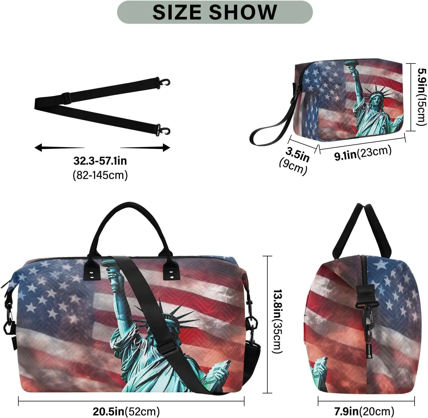 America Flag Statue Of Liberty Sports Gym Bag for Women Men Travel Duffel Bag Weekend Overnight Carry on Bag with Toiletry Bag Yoga Bag for Plane Hospital Workout Swimming Yoga
