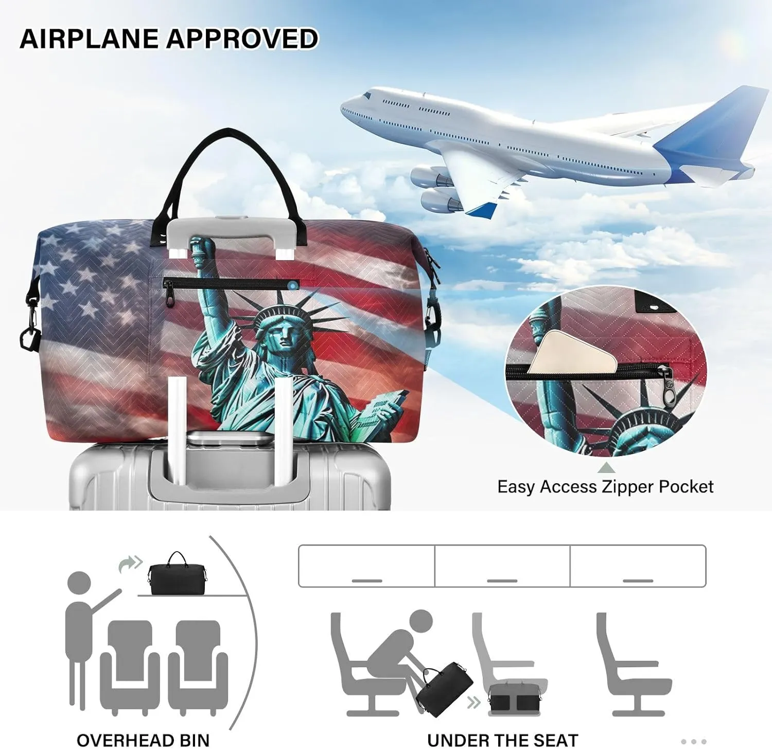 America Flag Statue Of Liberty Sports Gym Bag for Women Men Travel Duffel Bag Weekend Overnight Carry on Bag with Toiletry Bag Yoga Bag for Plane Hospital Workout Swimming Yoga