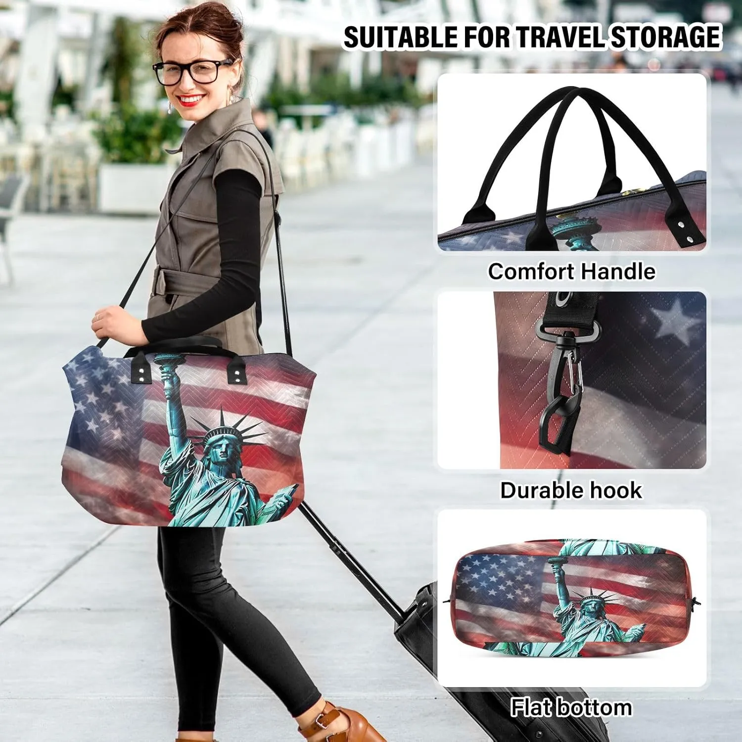 America Flag Statue Of Liberty Sports Gym Bag for Women Men Travel Duffel Bag Weekend Overnight Carry on Bag with Toiletry Bag Yoga Bag for Plane Hospital Workout Swimming Yoga