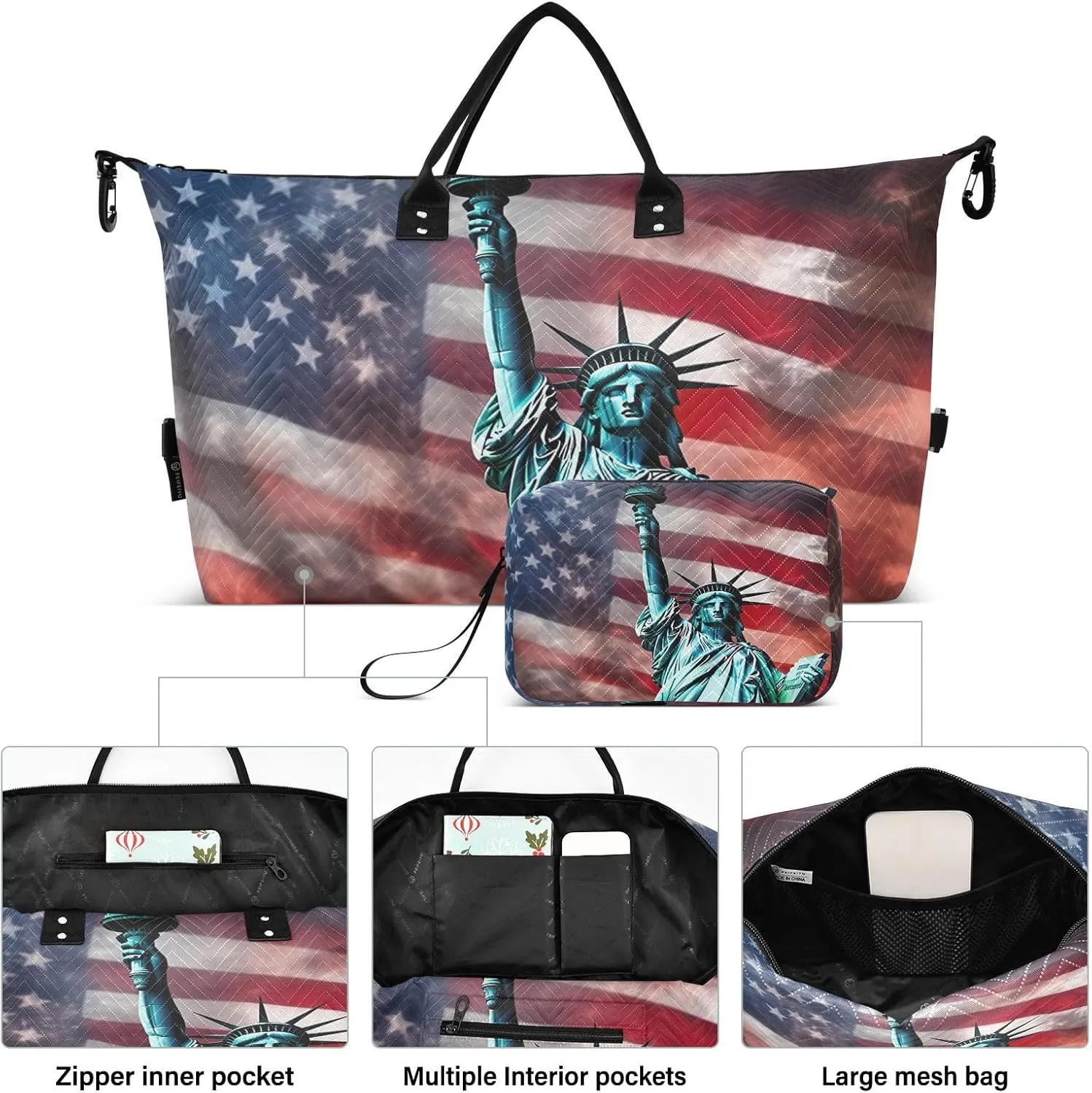 America Flag Statue Of Liberty Sports Gym Bag for Women Men Travel Duffel Bag Weekend Overnight Carry on Bag with Toiletry Bag Yoga Bag for Plane Hospital Workout Swimming Yoga