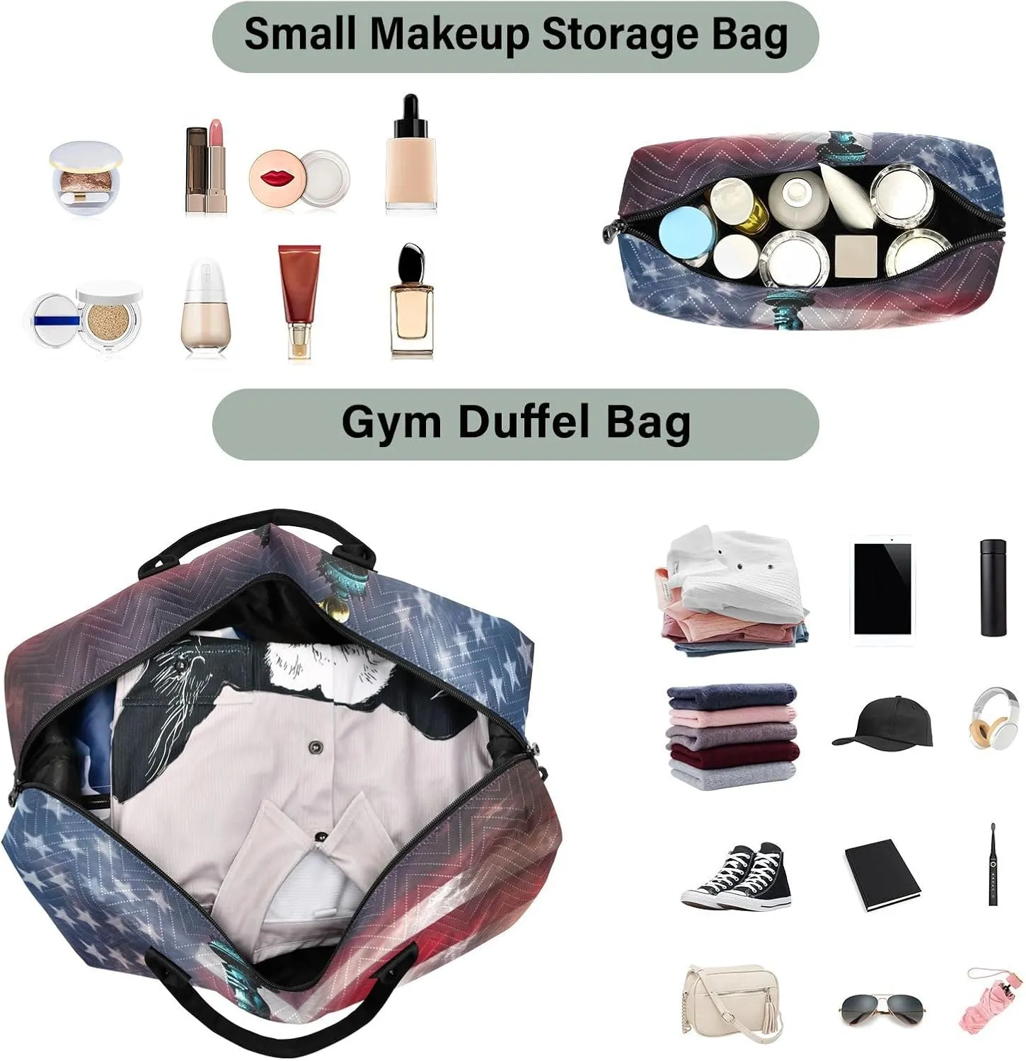 America Flag Statue Of Liberty Sports Gym Bag for Women Men Travel Duffel Bag Weekend Overnight Carry on Bag with Toiletry Bag Yoga Bag for Plane Hospital Workout Swimming Yoga