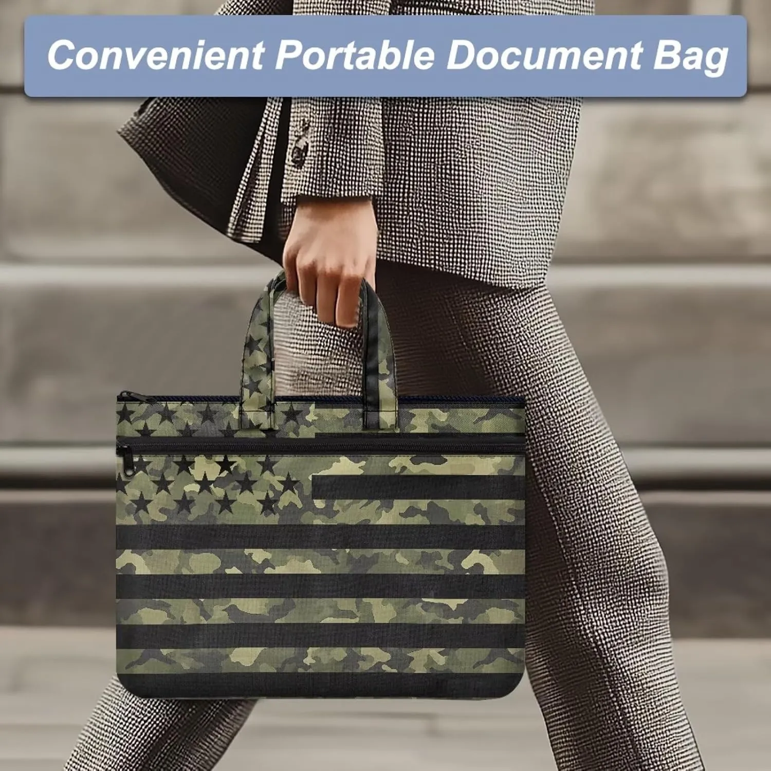 American Flag Camo Women's Portable Document Bag Lightweight File Bag Canvas Tote Bag Casual Briefcase Handbag with Handle and Muti Zipper Pockets Carrying Case