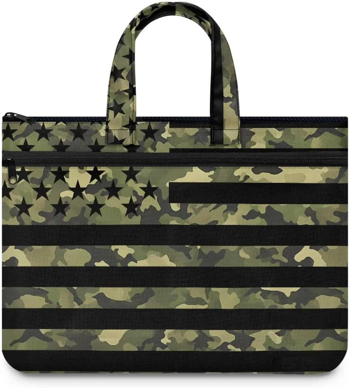 American Flag Camo Women's Portable Document Bag Lightweight File Bag Canvas Tote Bag Casual Briefcase Handbag with Handle and Muti Zipper Pockets Carrying Case