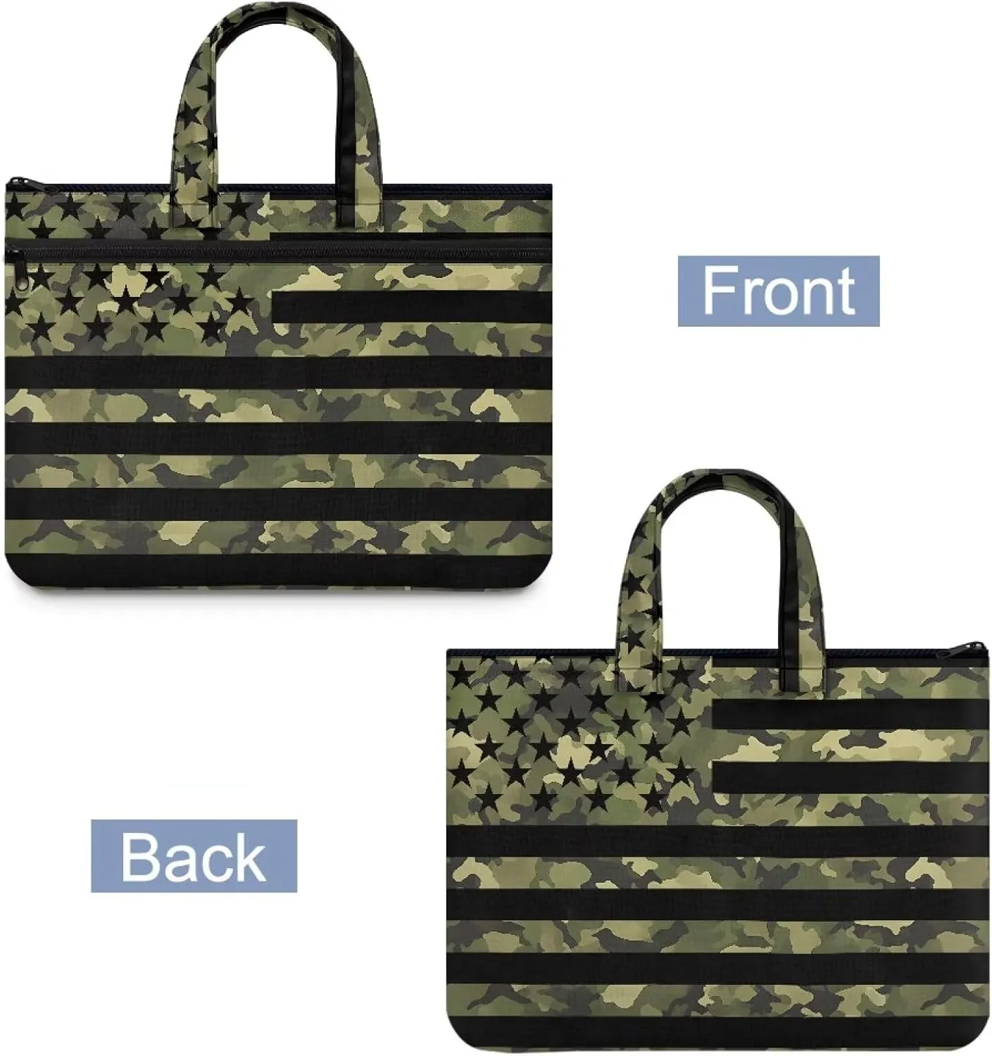 American Flag Camo Women's Portable Document Bag Lightweight File Bag Canvas Tote Bag Casual Briefcase Handbag with Handle and Muti Zipper Pockets Carrying Case