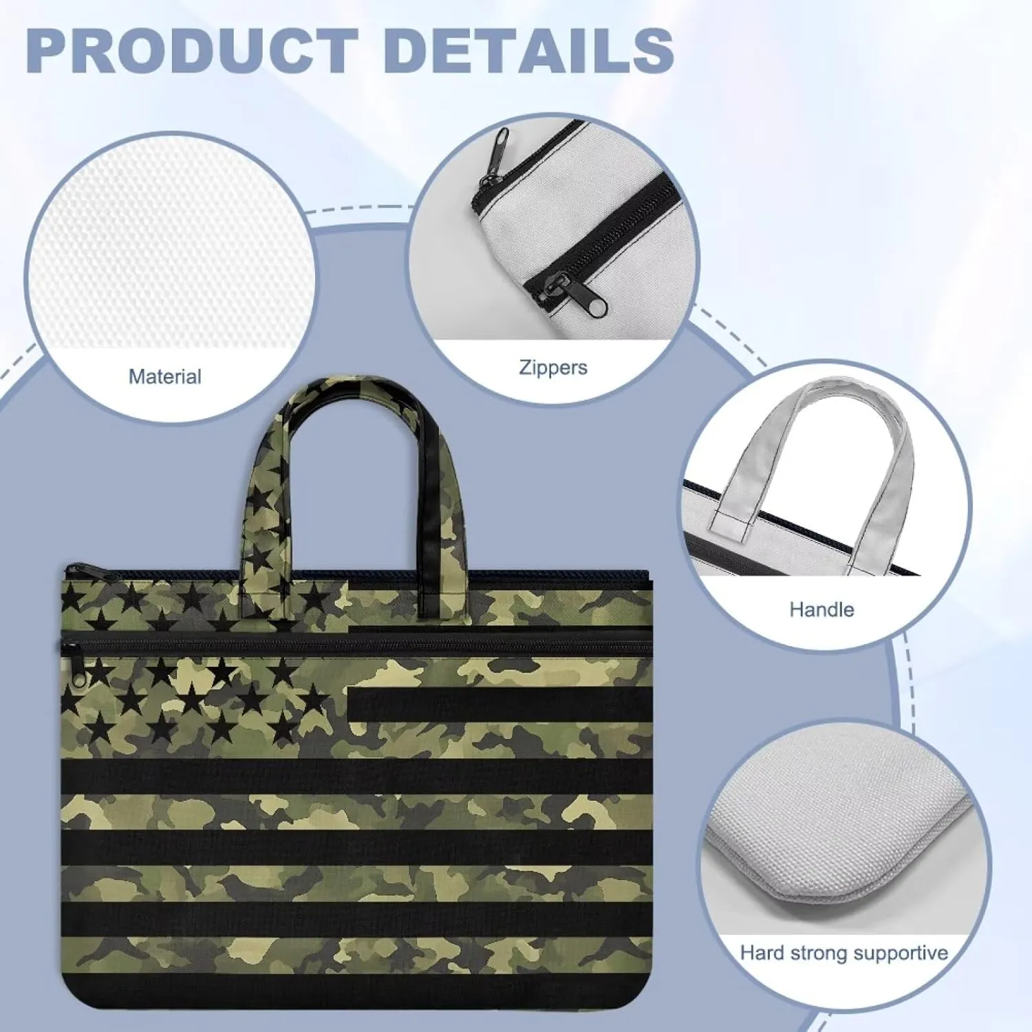 American Flag Camo Women's Portable Document Bag Lightweight File Bag Canvas Tote Bag Casual Briefcase Handbag with Handle and Muti Zipper Pockets Carrying Case