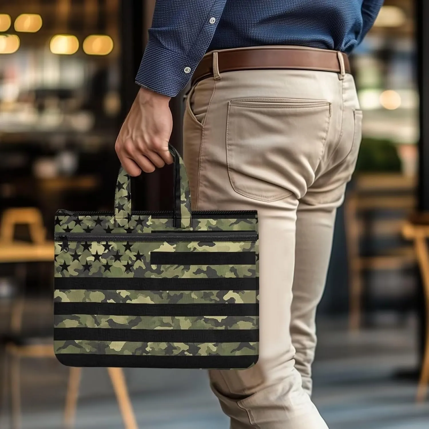 American Flag Camo Women's Portable Document Bag Lightweight File Bag Canvas Tote Bag Casual Briefcase Handbag with Handle and Muti Zipper Pockets Carrying Case
