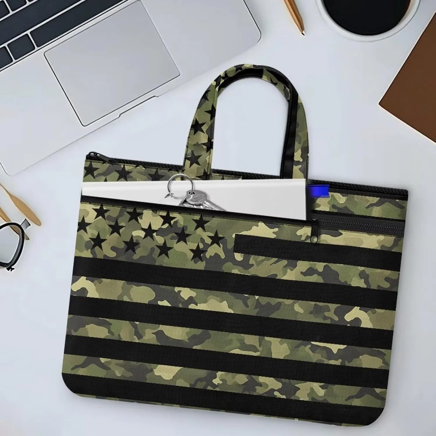 American Flag Camo Women's Portable Document Bag Lightweight File Bag Canvas Tote Bag Casual Briefcase Handbag with Handle and Muti Zipper Pockets Carrying Case