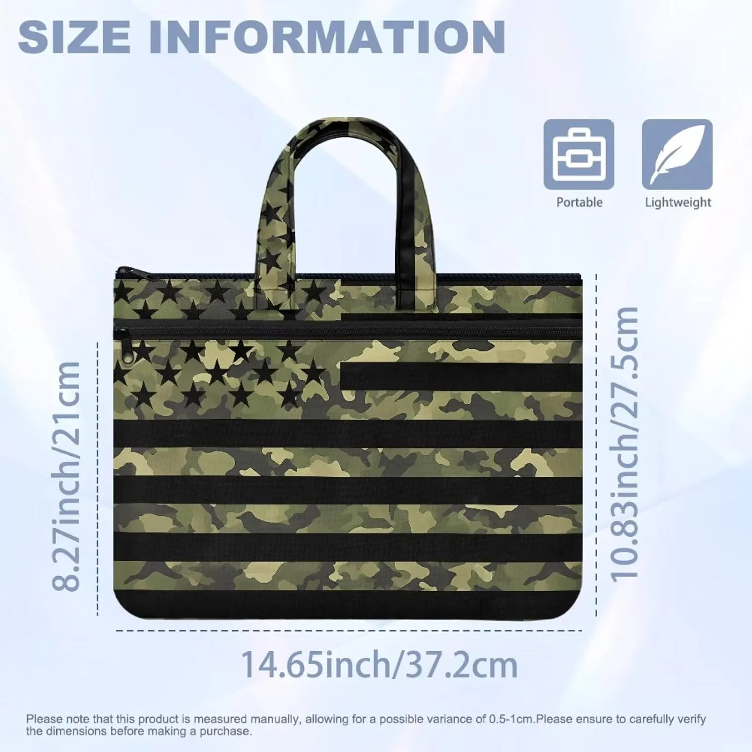 American Flag Camo Women's Portable Document Bag Lightweight File Bag Canvas Tote Bag Casual Briefcase Handbag with Handle and Muti Zipper Pockets Carrying Case
