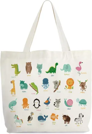 Animals Alphabets Canvas Tote Bag for Women, ABC Letters Learning Tote, Cute Animal Gift Bag, Library Book Bag, Teacher Tote Bags for Books, Shoulder Bag Gifts for Animal Lovers -11