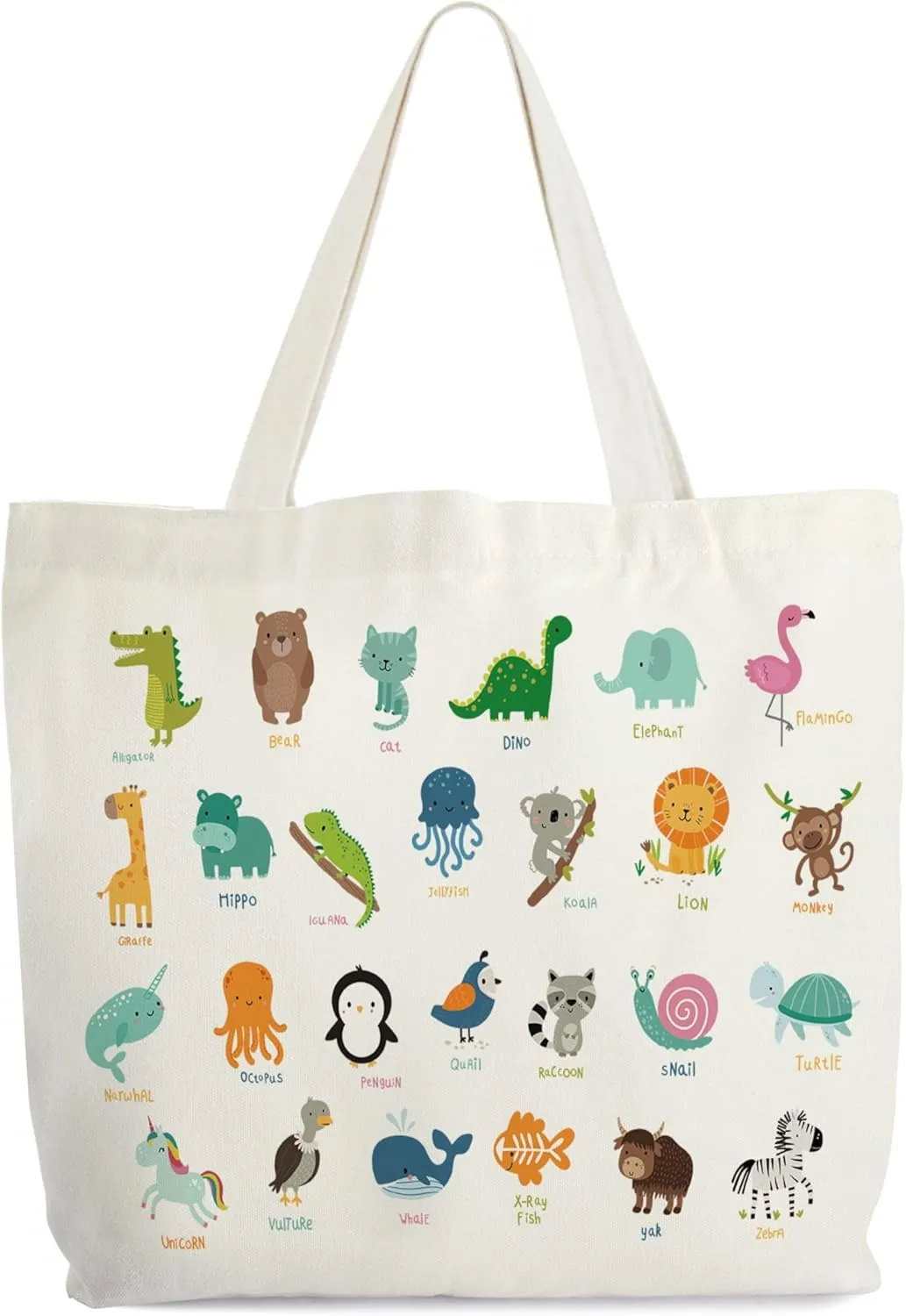 Animals Alphabets Canvas Tote Bag for Women, ABC Letters Learning Tote, Cute Animal Gift Bag, Library Book Bag, Teacher Tote Bags for Books, Shoulder Bag Gifts for Animal Lovers -11
