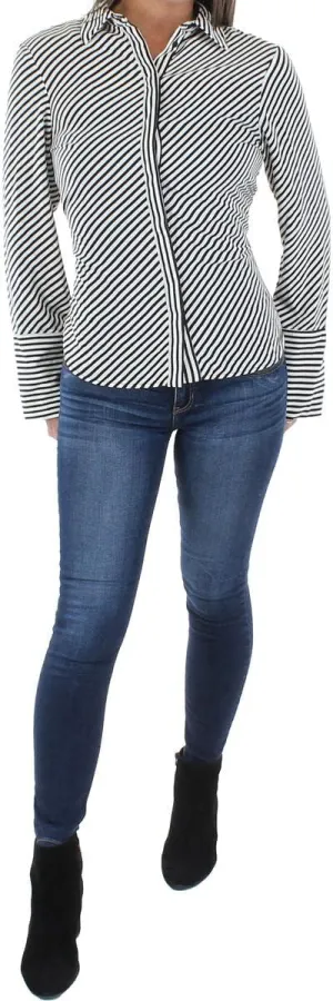 Anne Klein Womens Slit-Cuff Stripe Blouse