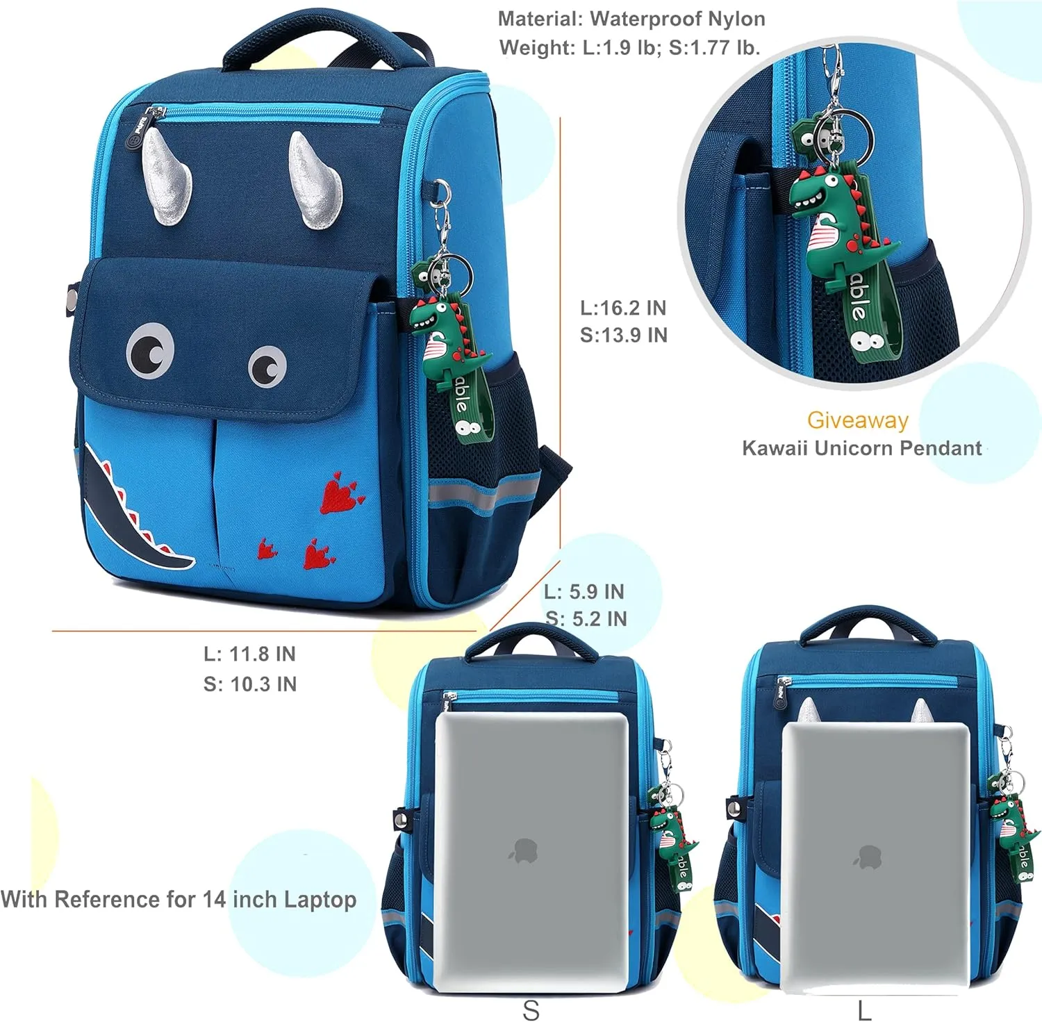 AO ALI VICTORY Unicorn Girls Backpacks for School Princess Bowknot Kids Bookbags Boys Dinosaur Backpack