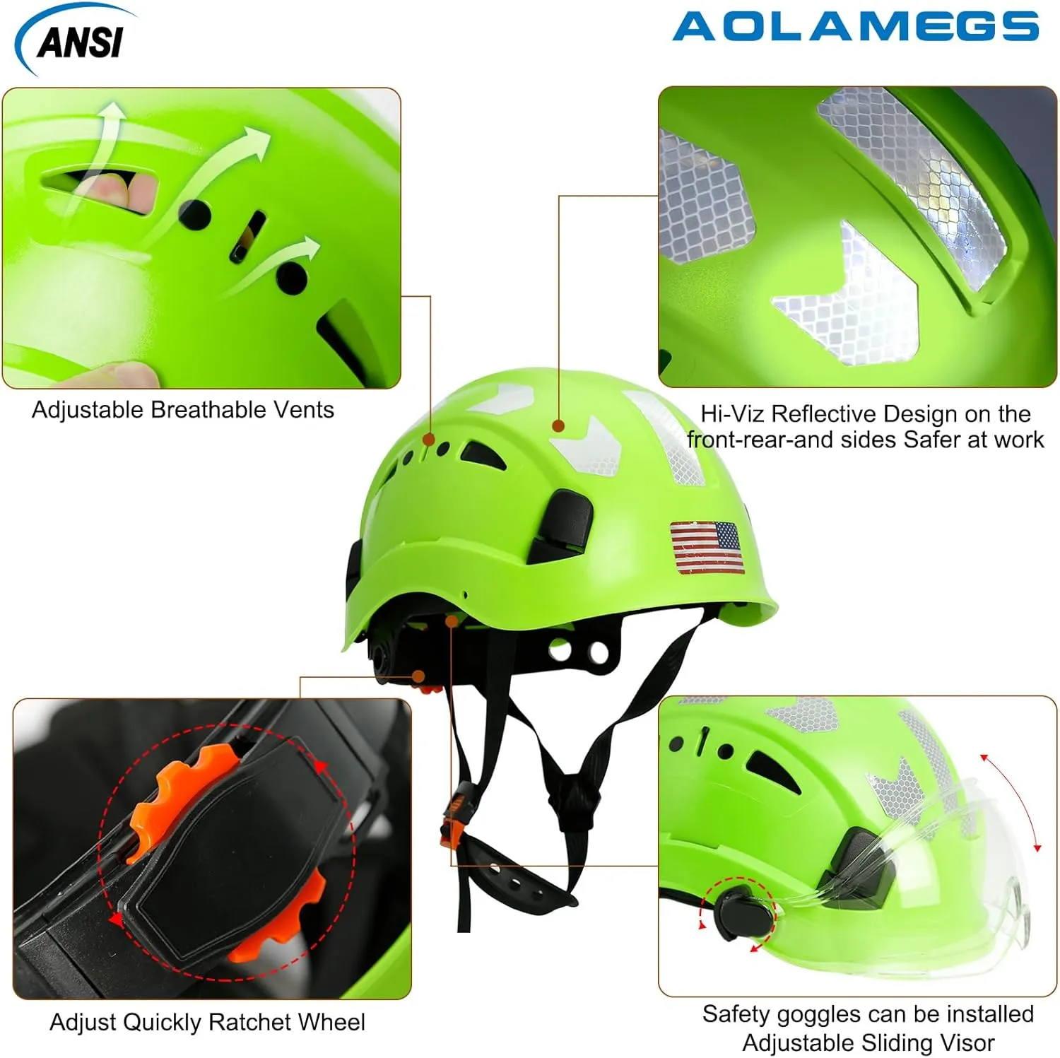 AOLAMEGS Construction Safety Hard Hat - ANSI Z89.1 Type Ι OSHA Approved Safety Helmets with Chin Straps Lightweight Reflective Vented ABS Hard Hats For Men Women Industrial Workwear 6-point Suspension