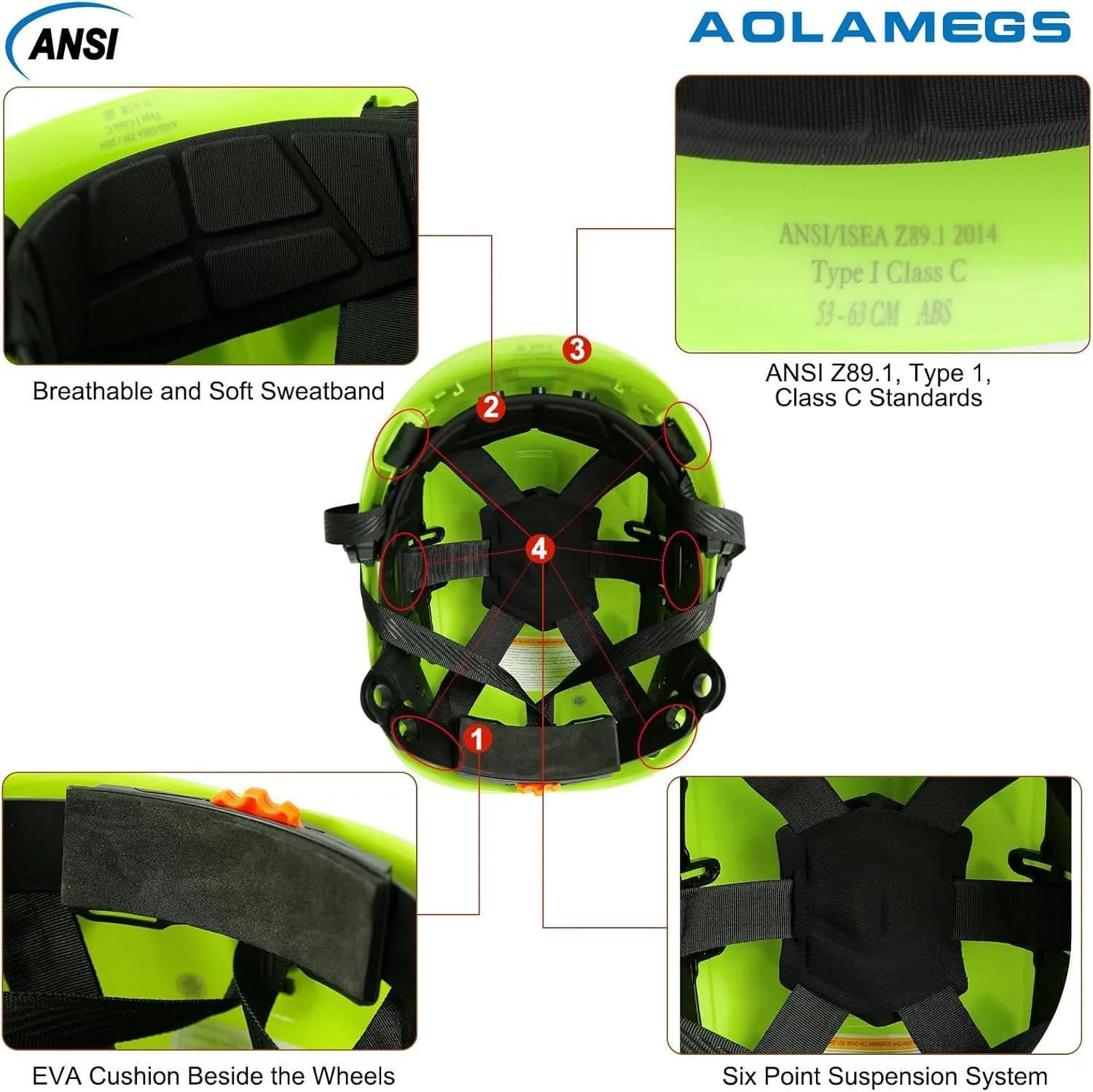 AOLAMEGS Construction Safety Hard Hat - ANSI Z89.1 Type Ι OSHA Approved Safety Helmets with Chin Straps Lightweight Reflective Vented ABS Hard Hats For Men Women Industrial Workwear 6-point Suspension