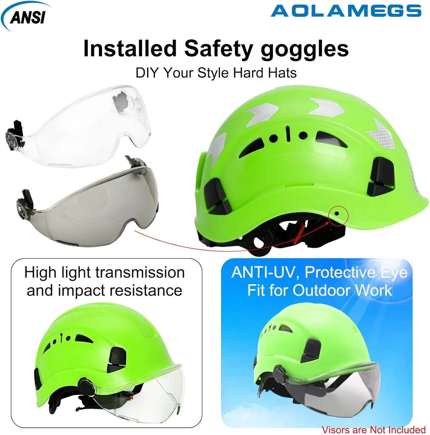 AOLAMEGS Construction Safety Hard Hat - ANSI Z89.1 Type Ι OSHA Approved Safety Helmets with Chin Straps Lightweight Reflective Vented ABS Hard Hats For Men Women Industrial Workwear 6-point Suspension