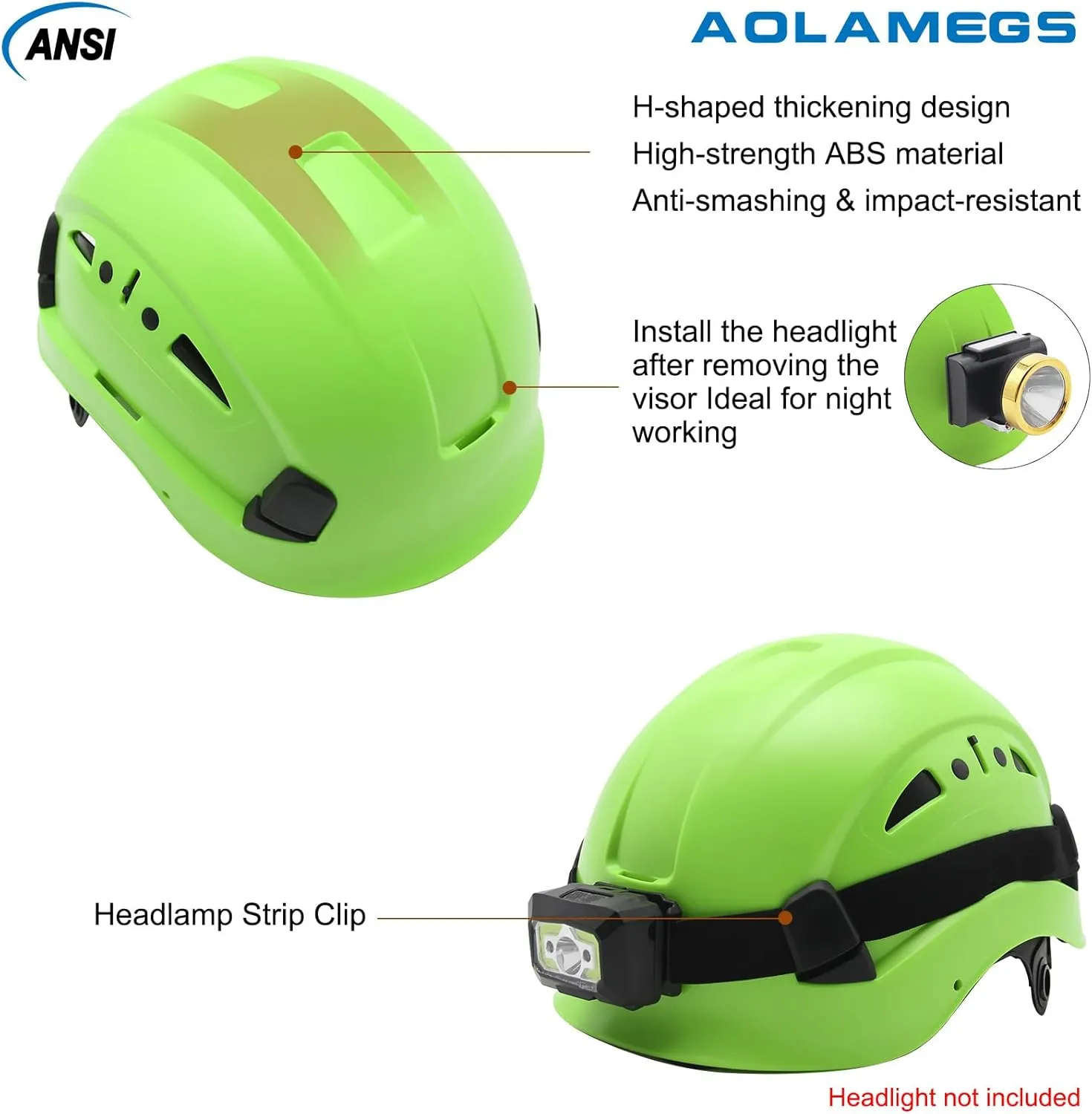AOLAMEGS Construction Safety Hard Hat - ANSI Z89.1 Type Ι OSHA Approved Safety Helmets with Chin Straps Lightweight Reflective Vented ABS Hard Hats For Men Women Industrial Workwear 6-point Suspension