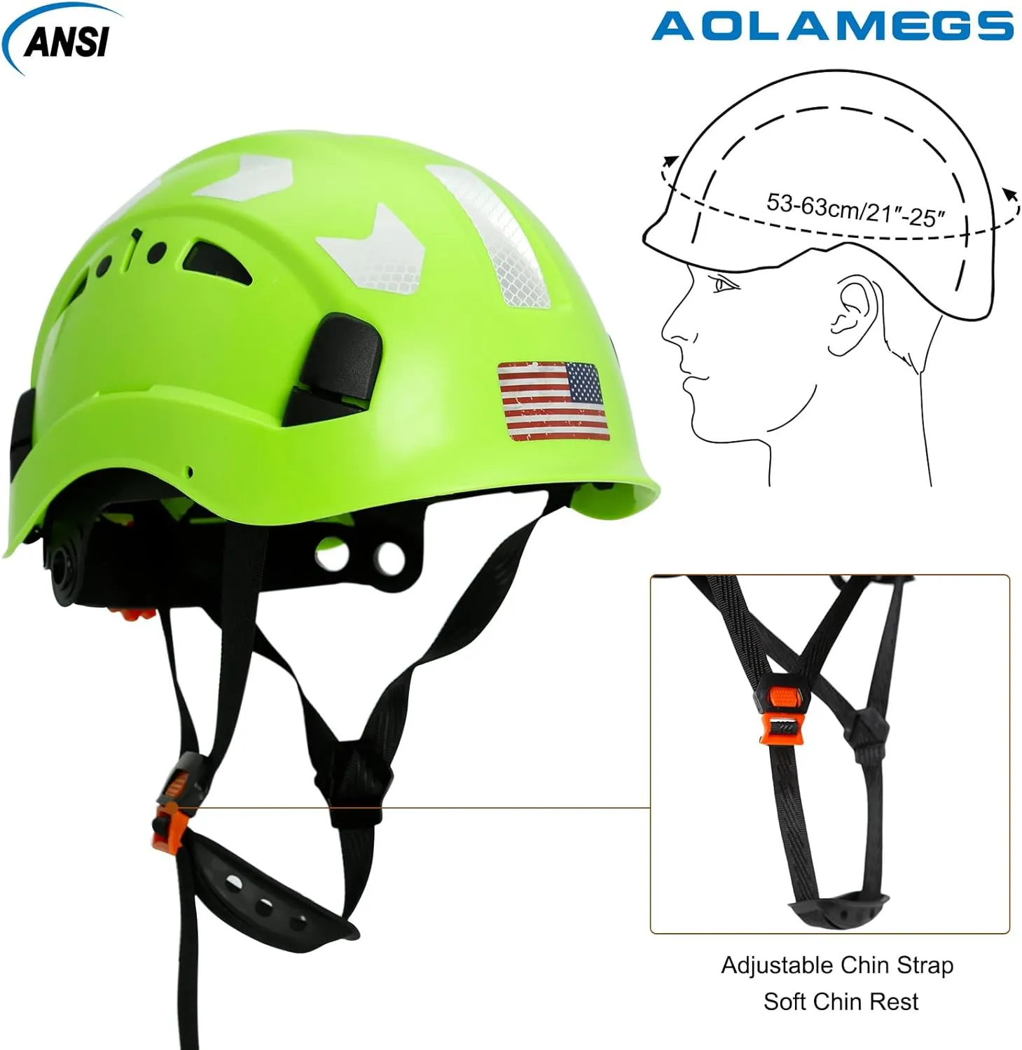 AOLAMEGS Construction Safety Hard Hat - ANSI Z89.1 Type Ι OSHA Approved Safety Helmets with Chin Straps Lightweight Reflective Vented ABS Hard Hats For Men Women Industrial Workwear 6-point Suspension