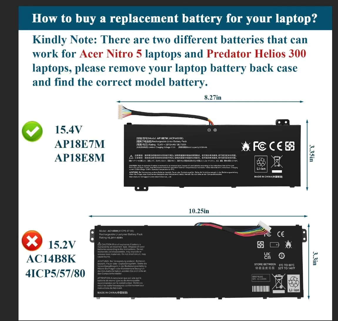 AP18E7M Battery for Acer Nitro 5 AN515-44 Nitro 7 AN715-51 Nitro 5 AN515-54 AN517-51，Predator Helios 300 PH315-52 PH317-53,Aspire 7 A715-74G,AP18E8M 4ICP4/69/90 4ICP4/70/88 KT.00407.009 KT00407009