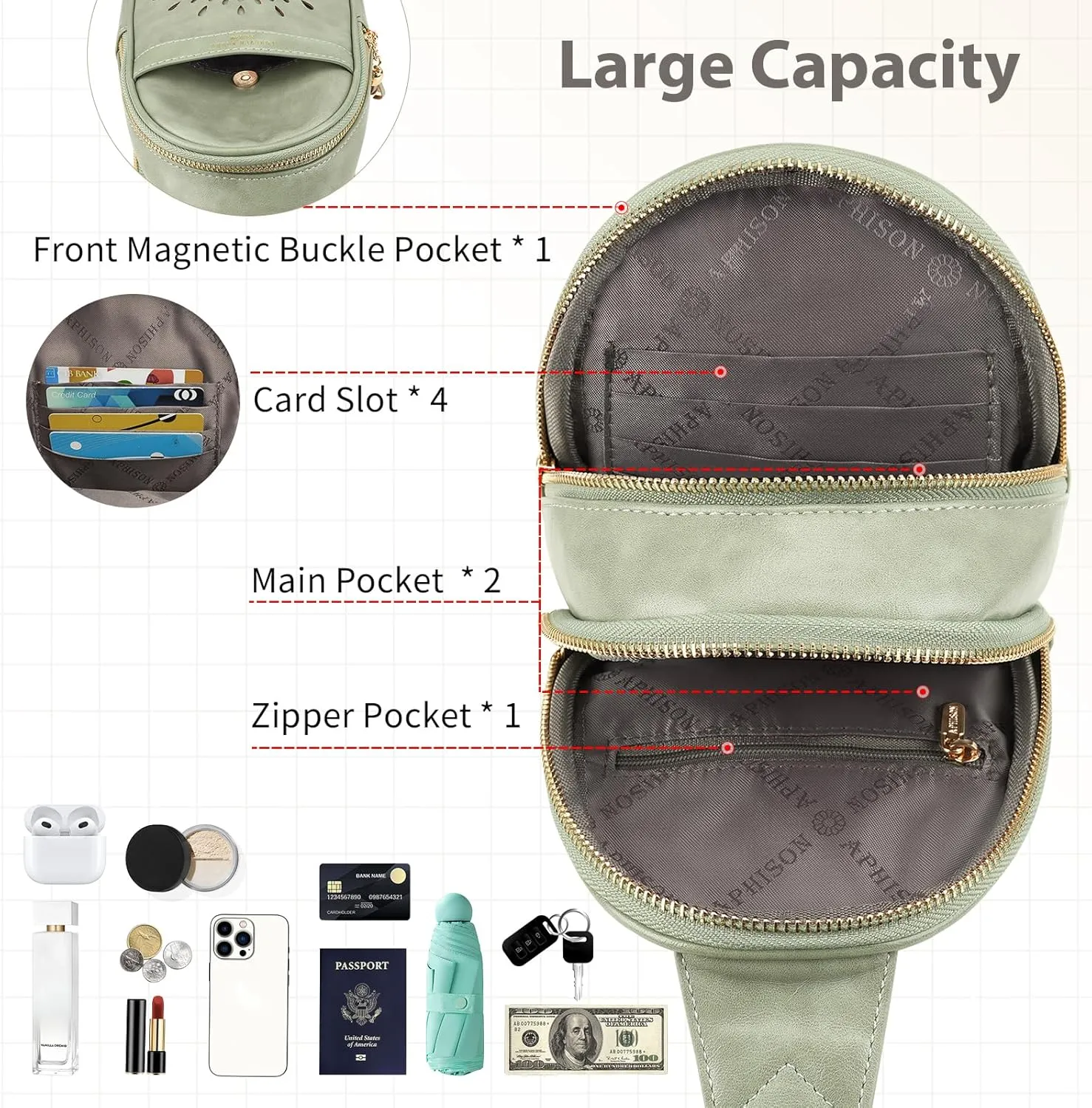 APHISON Small Sling Bag Fanny Packs Cell Phone Purse Vegan Leather Crossbody Bags for Women Chest Bag with Adjustable Strap Green