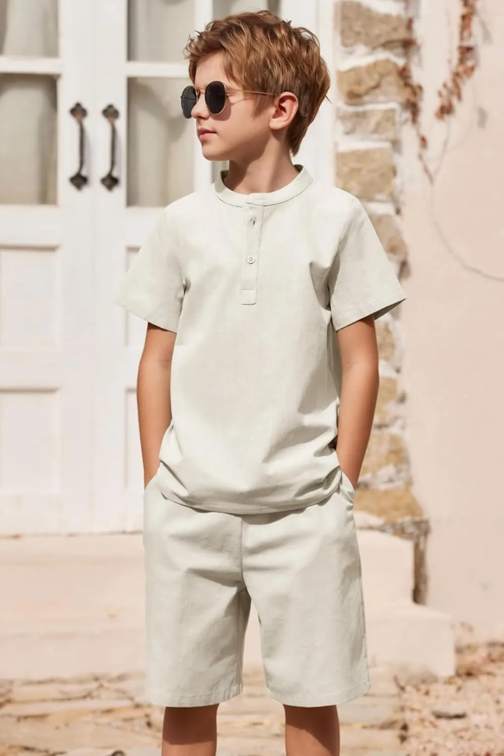 Arshiner Boy's 2 Pieces Cotton Linen Set Casual Henley Shirts Short Sleeve Beach Shorts Summer Outfits for 5-12 Years