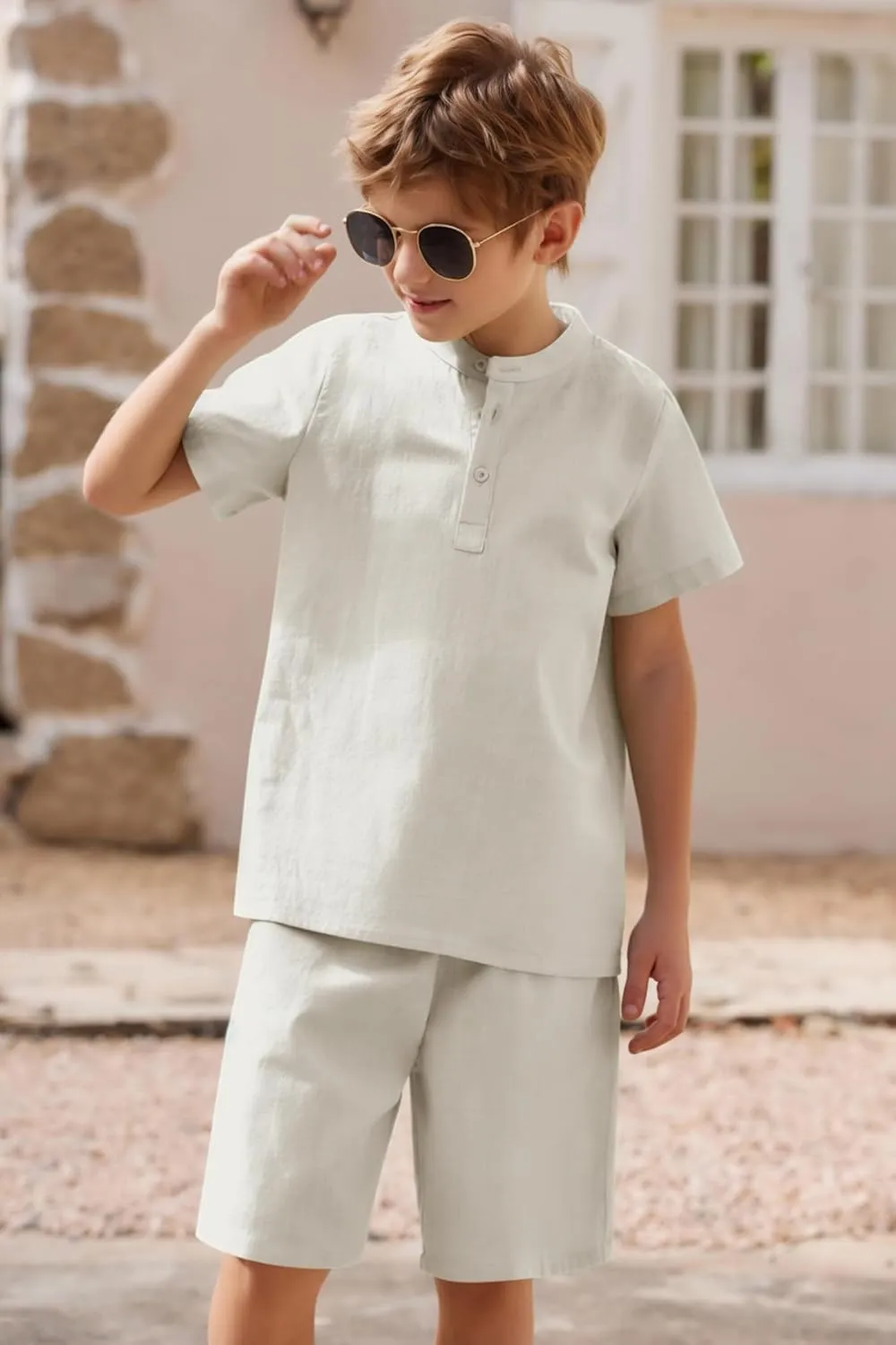 Arshiner Boy's 2 Pieces Cotton Linen Set Casual Henley Shirts Short Sleeve Beach Shorts Summer Outfits for 5-12 Years