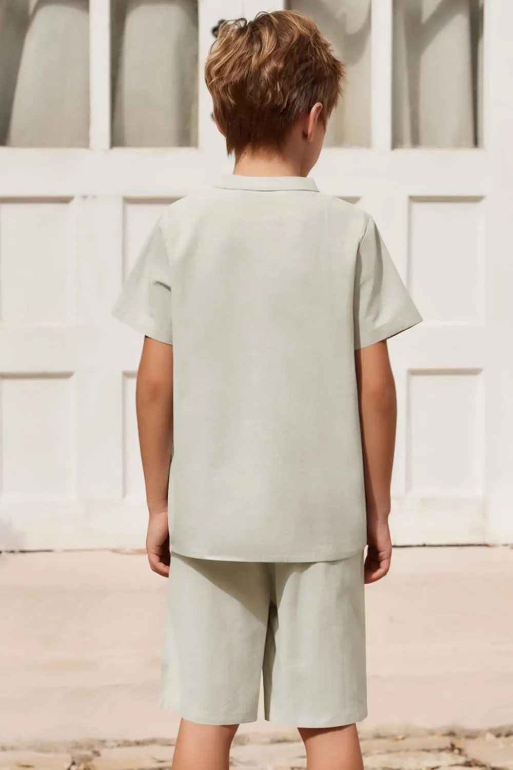 Arshiner Boy's 2 Pieces Cotton Linen Set Casual Henley Shirts Short Sleeve Beach Shorts Summer Outfits for 5-12 Years