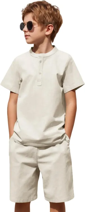 Arshiner Boy's 2 Pieces Cotton Linen Set Casual Henley Shirts Short Sleeve Beach Shorts Summer Outfits for 5-12 Years